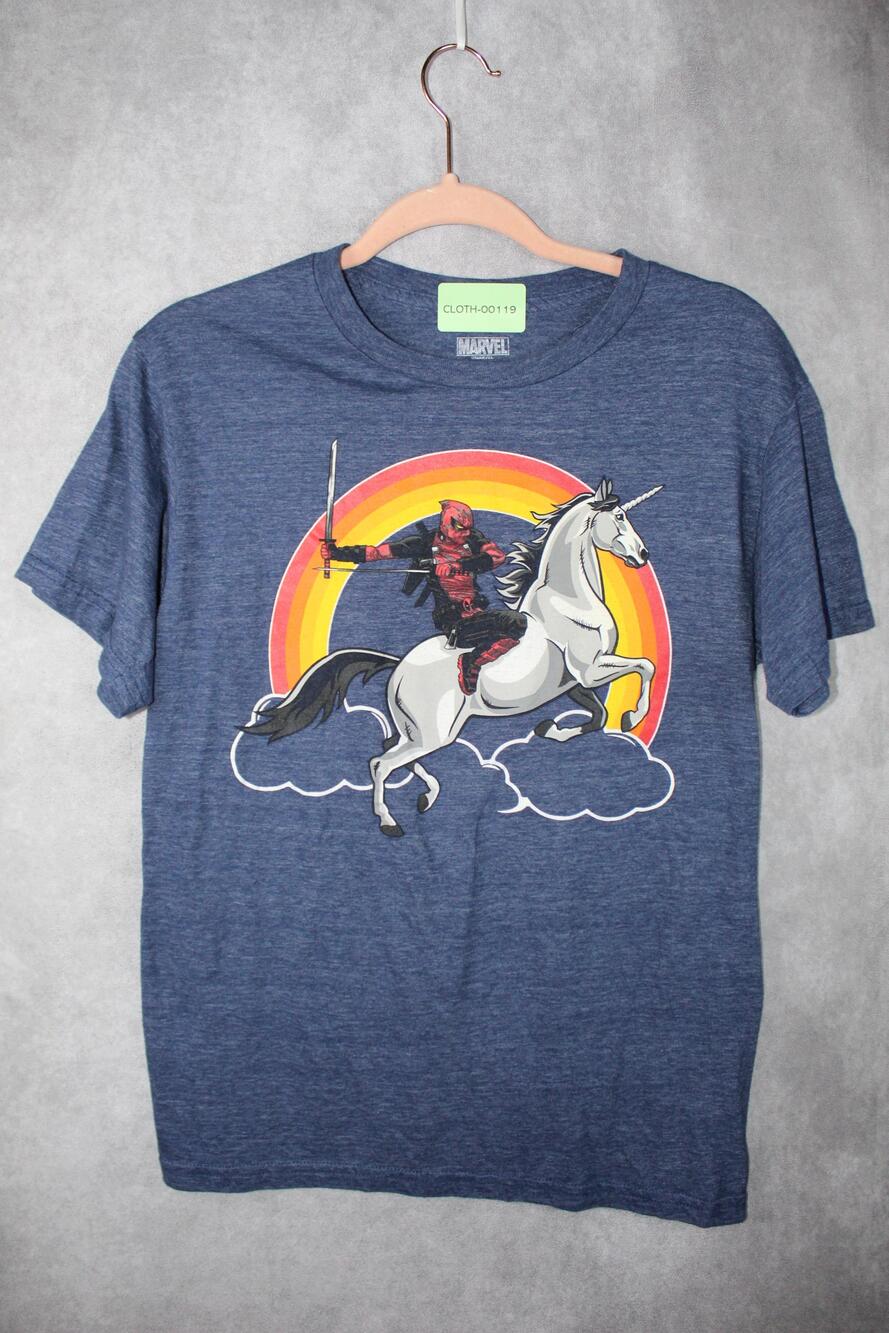 Marvel Shirt Mens S Blue Short Sleeve Deadpool Graphic Crewneck Tagless Cotton